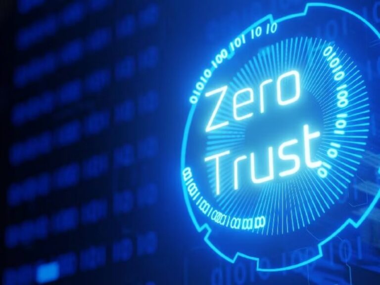 A glowing blue digital interface displaying the words "Zero Trust" surrounded by binary code, representing the Assume Breach principle in modern cybersecurity.