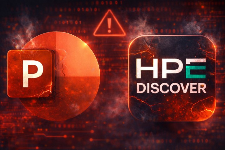 Visual representation of cybersecurity threats targeting Microsoft PowerPoint and HPE infrastructure with a red warning alert background.