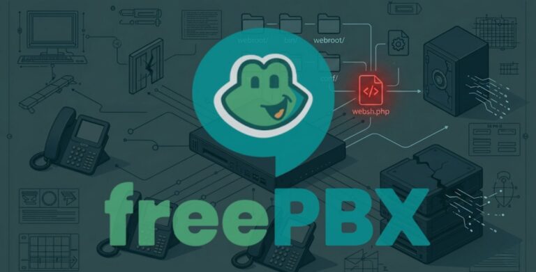 FreePBX 로고와 시스템 다이어그램 배경 위에 Encyst PHP 웹쉘 파일(websh.php)과 취약점(CVE-2025-64222) 침투, 권한 탈취, 웹쉘 배포, 악성 행위 단계를 시각화한 공격 흐름도