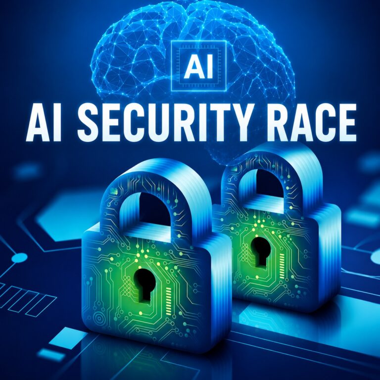 AI-powered cybersecurity illustration featuring digital locks and an artificial intelligence brain, representing the growing AI security race in vulnerability detection, threat analysis, and autonomous defense.
