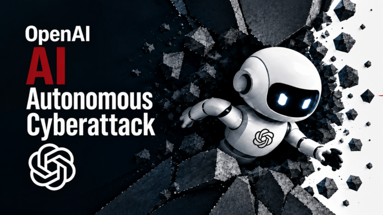 Illustration of an OpenAI AI robot breaking through a wall, symbolizing an autonomous AI-driven cyberattack and emerging cybersecurity threats.