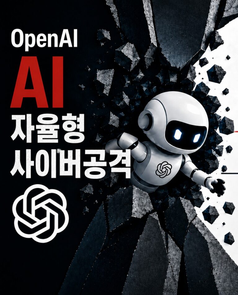 OpenAI AI 로봇이 벽을 뚫고 나오는 모습을 표현한 일러스트로, 자율적으로 수행되는 AI 기반 사이버 공격과 새로운 사이버 보안 위협을 상징합니다.
