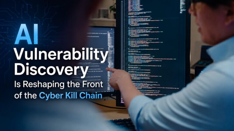 AI vulnerability discovery reshaping the front of the cyber kill chain, with security researchers analyzing source code on multiple monitors.